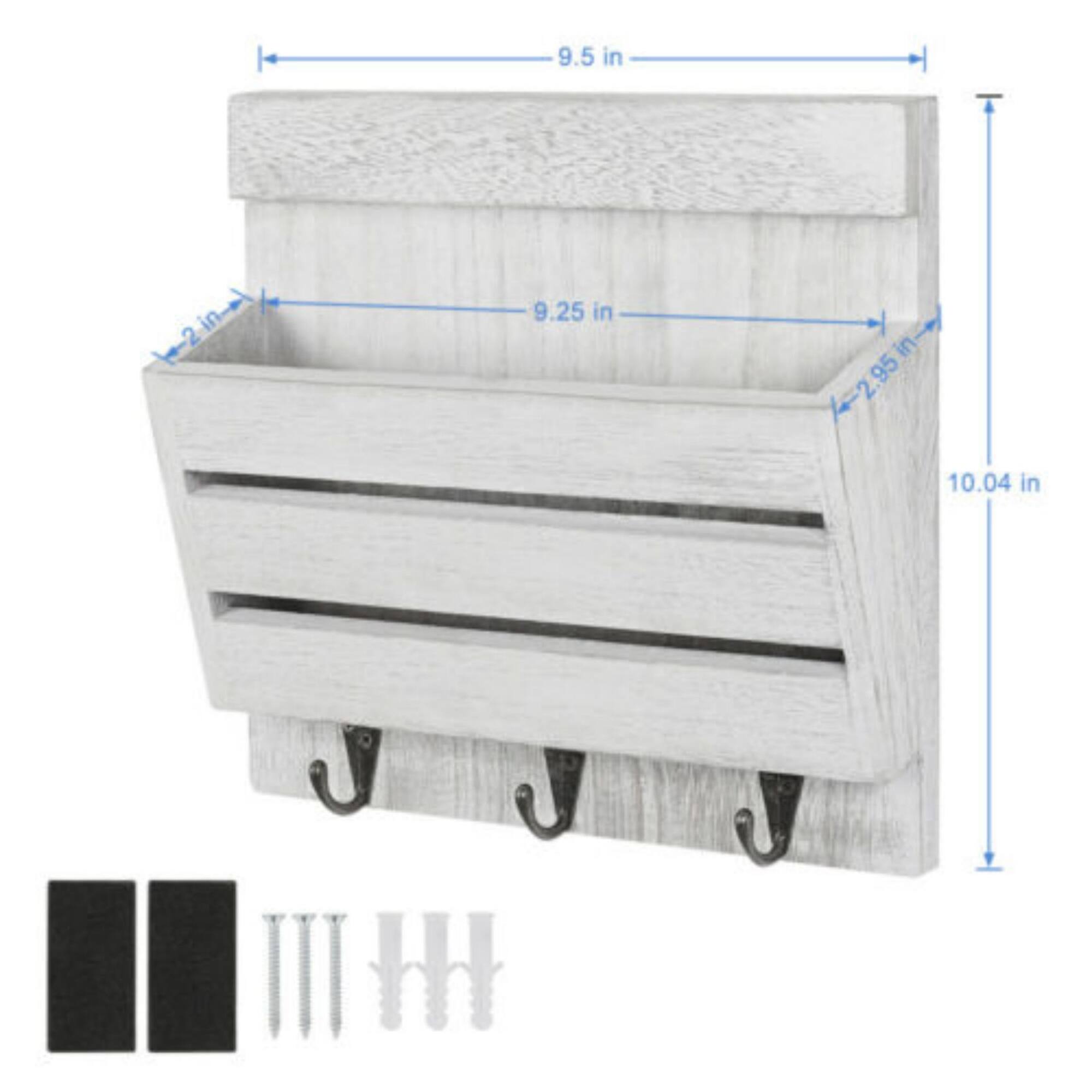 NEX™ 10" Rustic White Gray Wood Wall-Mounted Mail & Key Holder Organizer with 3 Key Hooks